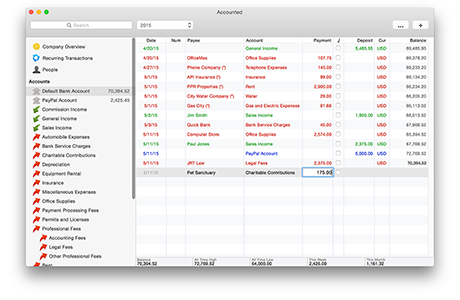 Accounts on the left, transactions on the right, totals underneath.
