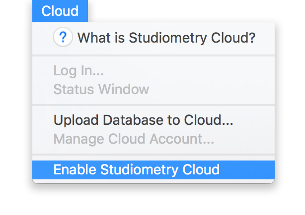 The Cloud menu in Studiometry with “Enable Studiometry Cloud” highlighted